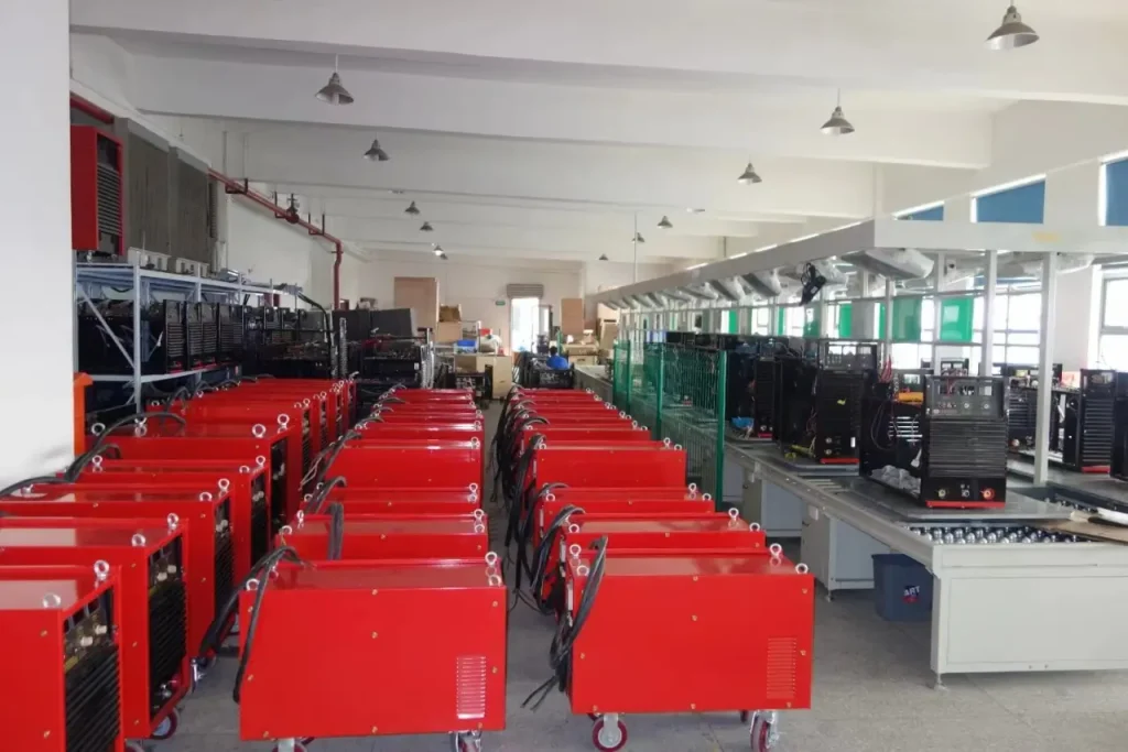 Stud welding machines lined up on the factory production line, assembled and ready for quality control checks to ensure compatibility with diverse base materials.