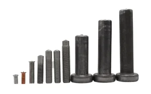 Comparison of different sizes and types of welding studs, including heavy-duty shear studs for construction and small threaded studs for manufacturing.