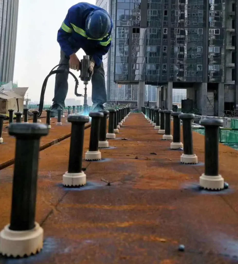 On-site drawn arc stud welding of shear connectors by ZOCMachinery equipment for high-rise steel construction in Dubai.