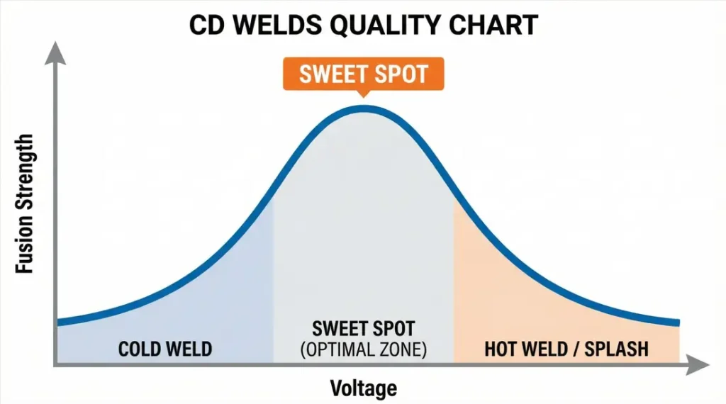Technical chart showing the relationship between welding voltage and fusion strength, highlighting the optimal sweet spot.