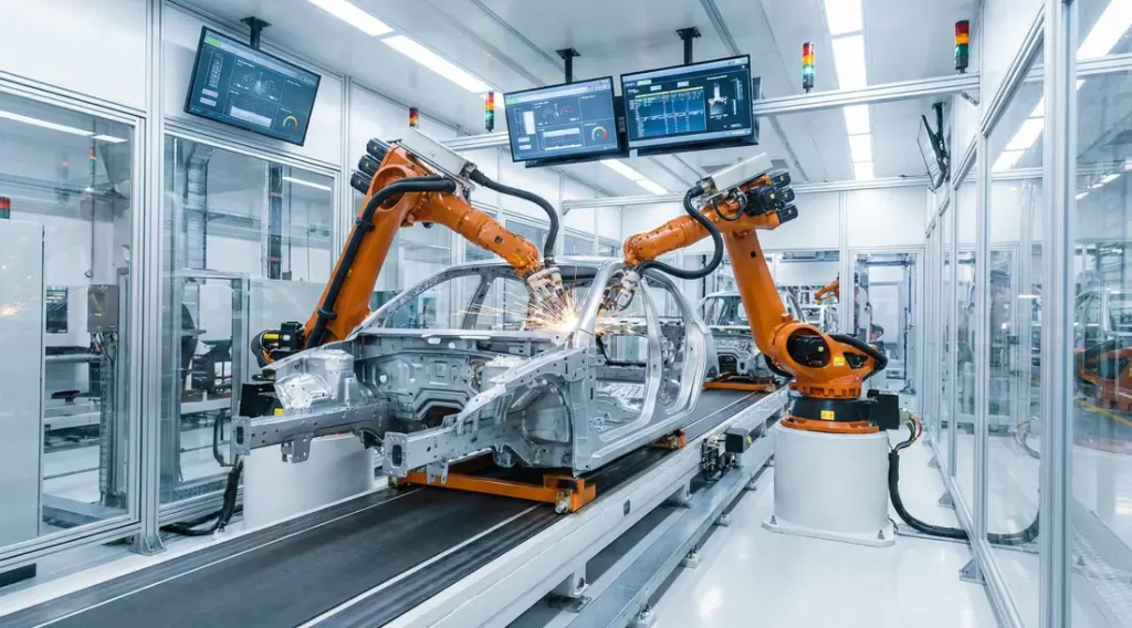 Robotic arms performing automated CD stud welding on an automotive chassis in a smart factory.