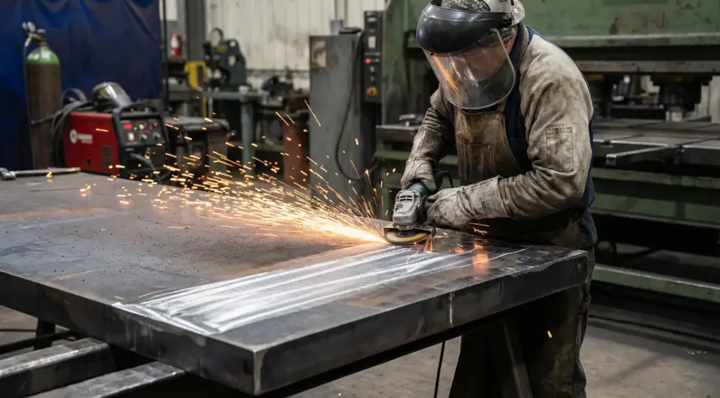 A welder using an angle grinder to clean and prepare a steel plate surface before stud welding.