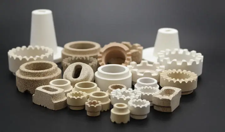 A collection of various sizes and shapes of ceramic ferrules for different stud welding applications.