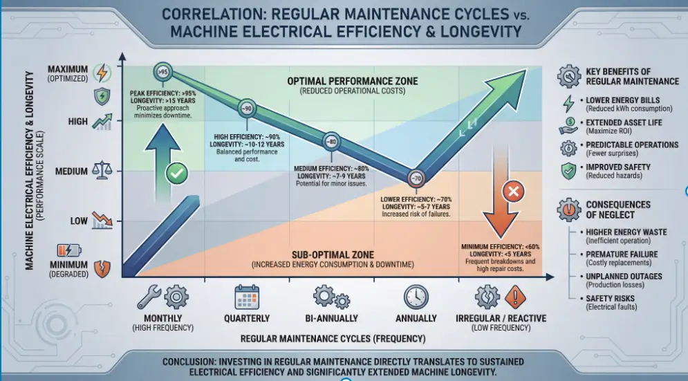 Infographic showing the correlation between regular maintenance cycles and machine electrical efficiency and longevity for industrial welding equipment.