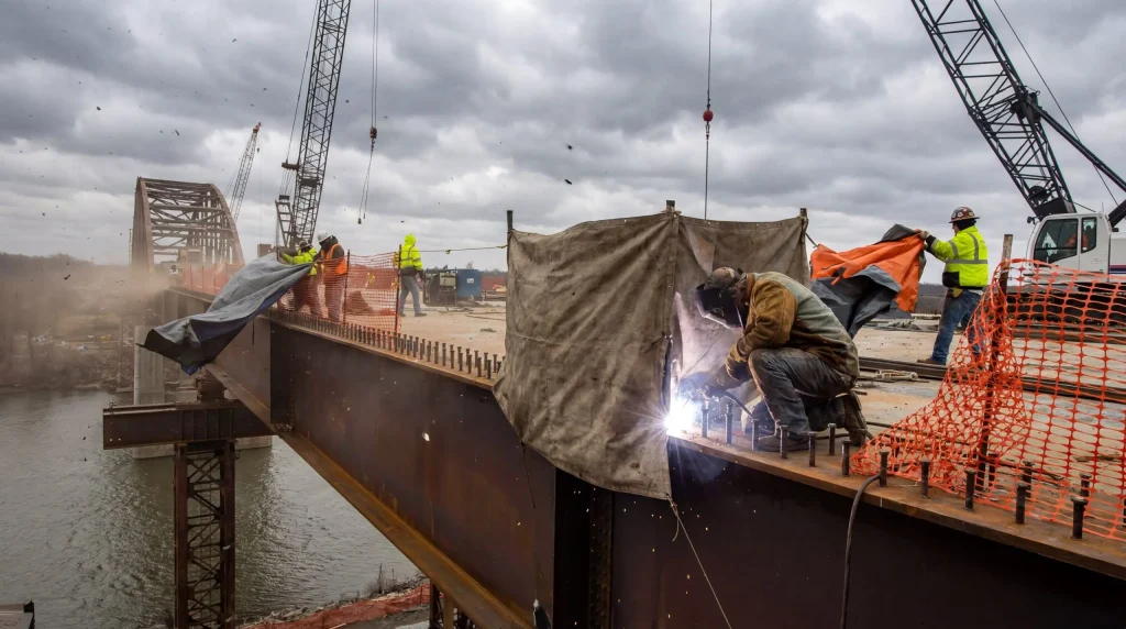 Professional welder performing structural steel welding on a large bridge construction site with cranes.