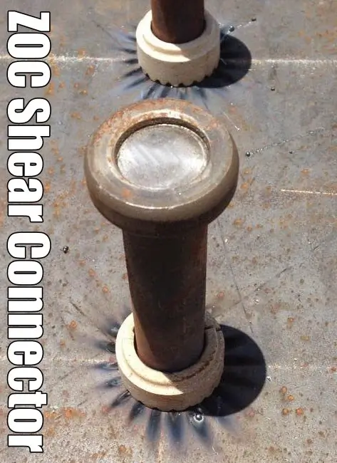 ZOC shear connectors with ceramic ferrules seated at the base before welding.