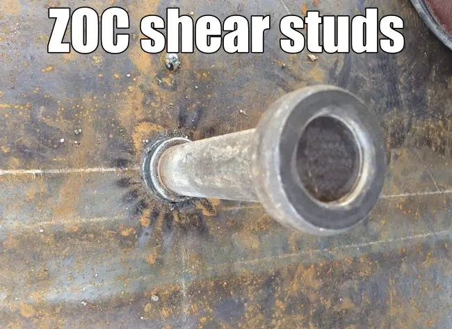 ZOC shear stud welded onto a steel base plate showing clean weld fillet.