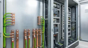 Copper grounding cables connected to earthing studs inside an industrial electrical control panel.