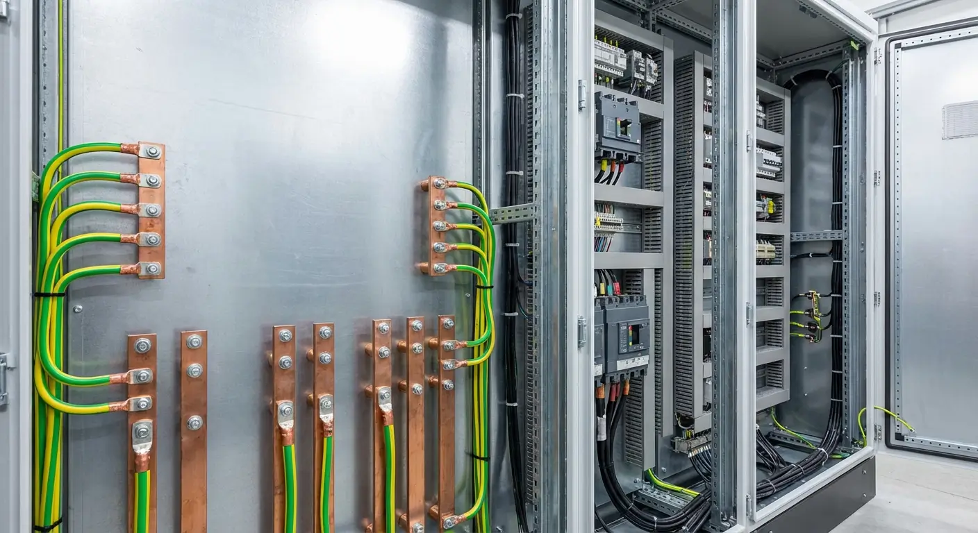 Copper grounding cables connected to earthing studs inside an industrial electrical control panel.