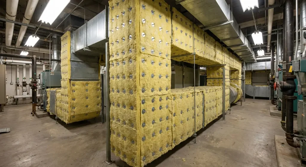 Commercial HVAC ductwork with yellow fiberglass insulation secured by insulation pins and washers.