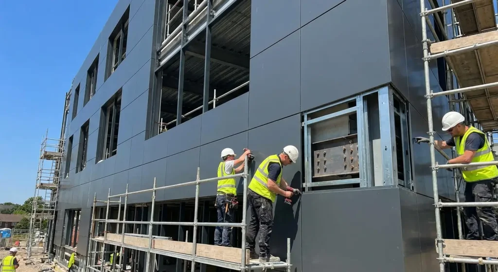 Construction workers installing modern black aluminum facade panels on a commercial building scaffold.