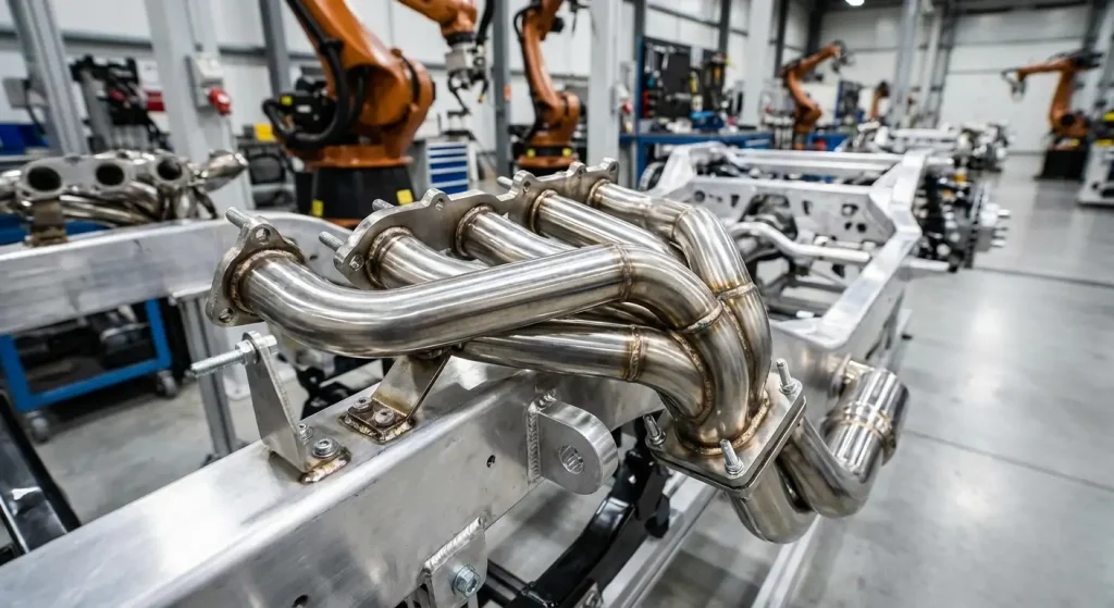 Automated robotic arm welding stainless steel automotive exhaust manifold in factory.