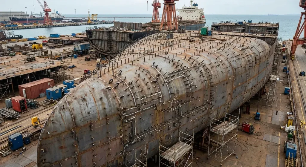 Close-up of a massive ship hull under construction in a shipyard with thousands of welded shear studs.