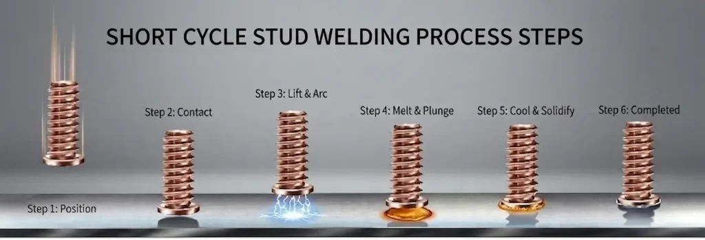 Six-step short cycle stud welding process flow diagram showing positioning, arc ignition, molten pool formation, and final solidification on sheet metal.