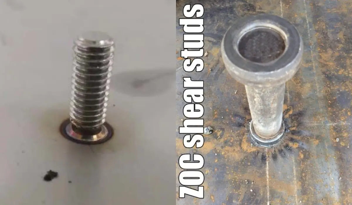 A composite image comparing two welded studs. On the left is a clean, precisely welded threaded stud on stainless steel, indicating short cycle welding. On the right, a heavy-duty zoc shear stud is shown with a robust weld on a weathered steel plate, demonstrating drawn arc welding.