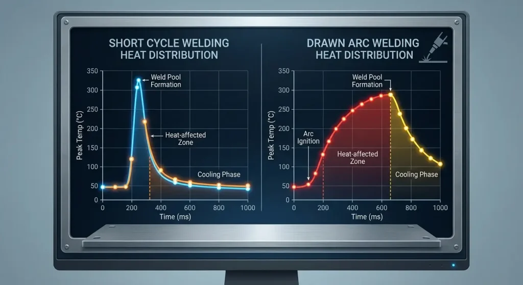 A detailed scientific chart comparing short cycle welding and drawn arc welding heat distribution. It shows two separate graphs on an industrial monitor screen, illustrating peak temperature versus time for both processes.