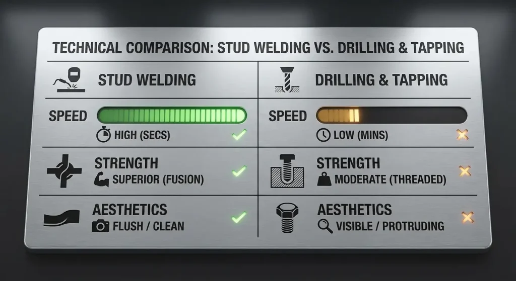 Infographic comparing stud welding vs drilling and tapping in terms of speed, strength, and aesthetics.