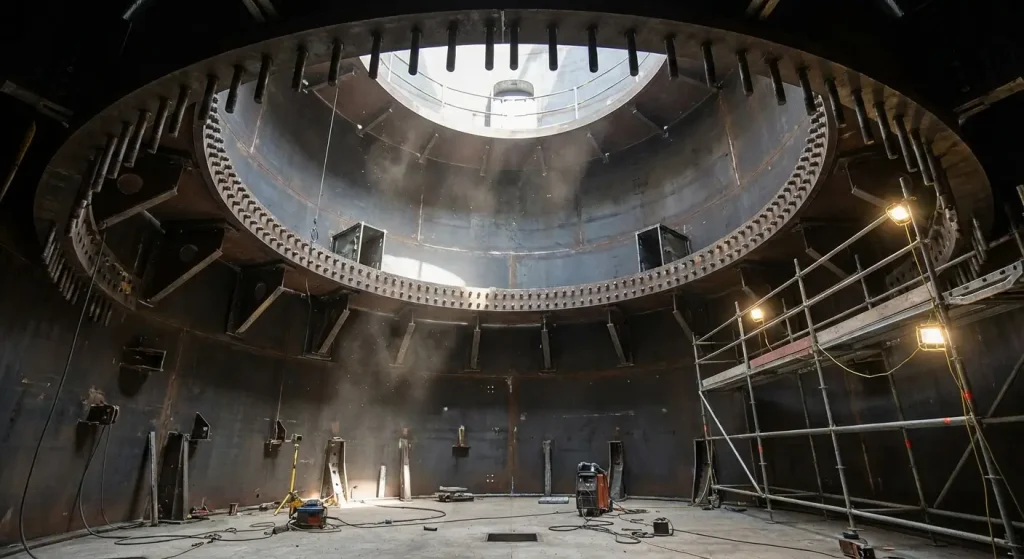Interior view of a wind turbine tower base assembly featuring heavy-duty anchor studs and shear connectors.