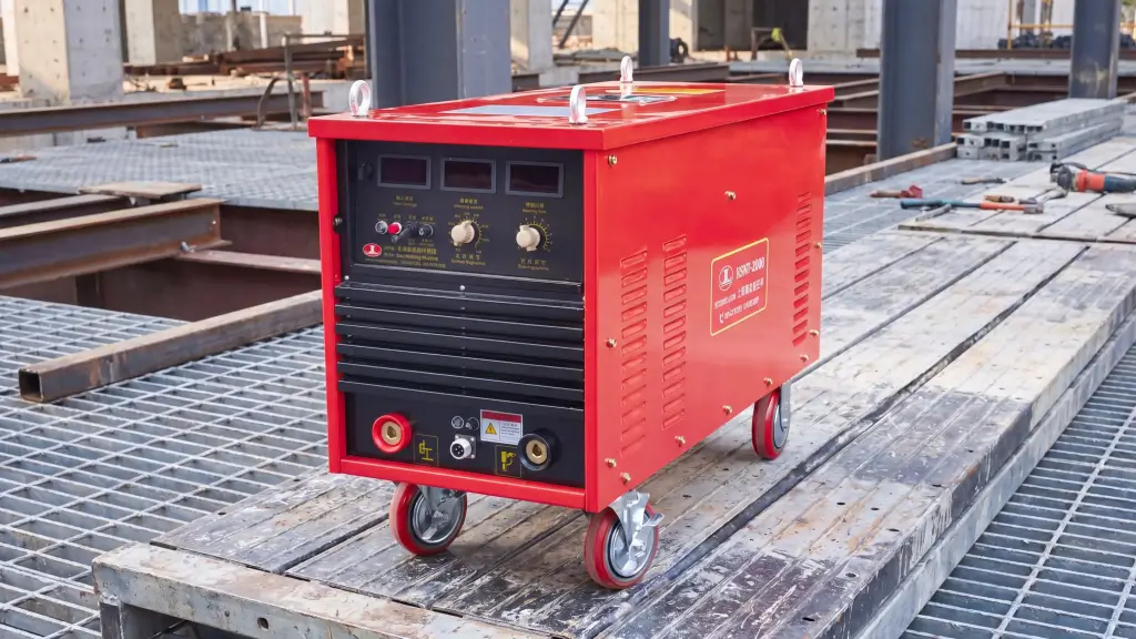 Professional RSN7-2000 inverter stud welding machine being used for shear stud installation on industrial steel flooring.