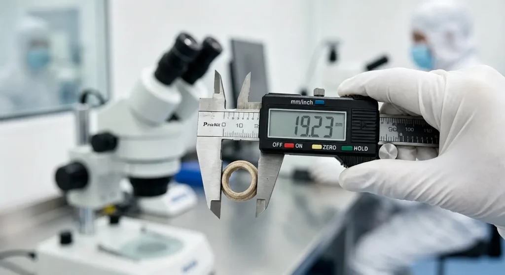 Digital caliper measuring the outer diameter of a ceramic ferrule for arc stud welding in a quality control laboratory.