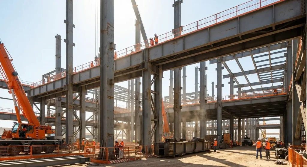 Headed shear studs installation on steel beam flanges at a multi-story composite building construction site