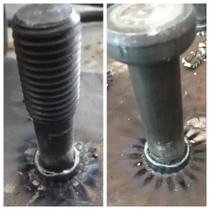 Side-by-side post-weld comparison between a fully threaded weld stud with a partial smooth shank (left) and a smooth-shank headed shear connector (right) showcasing uniform 360-degree weld fillets on a steel plate.