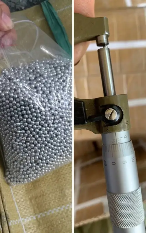 Packaged Aluminum Flux Balls and precision micrometer measurement.