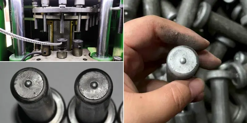 Automatic machine process for installing aluminum flux balls on shear connectors.