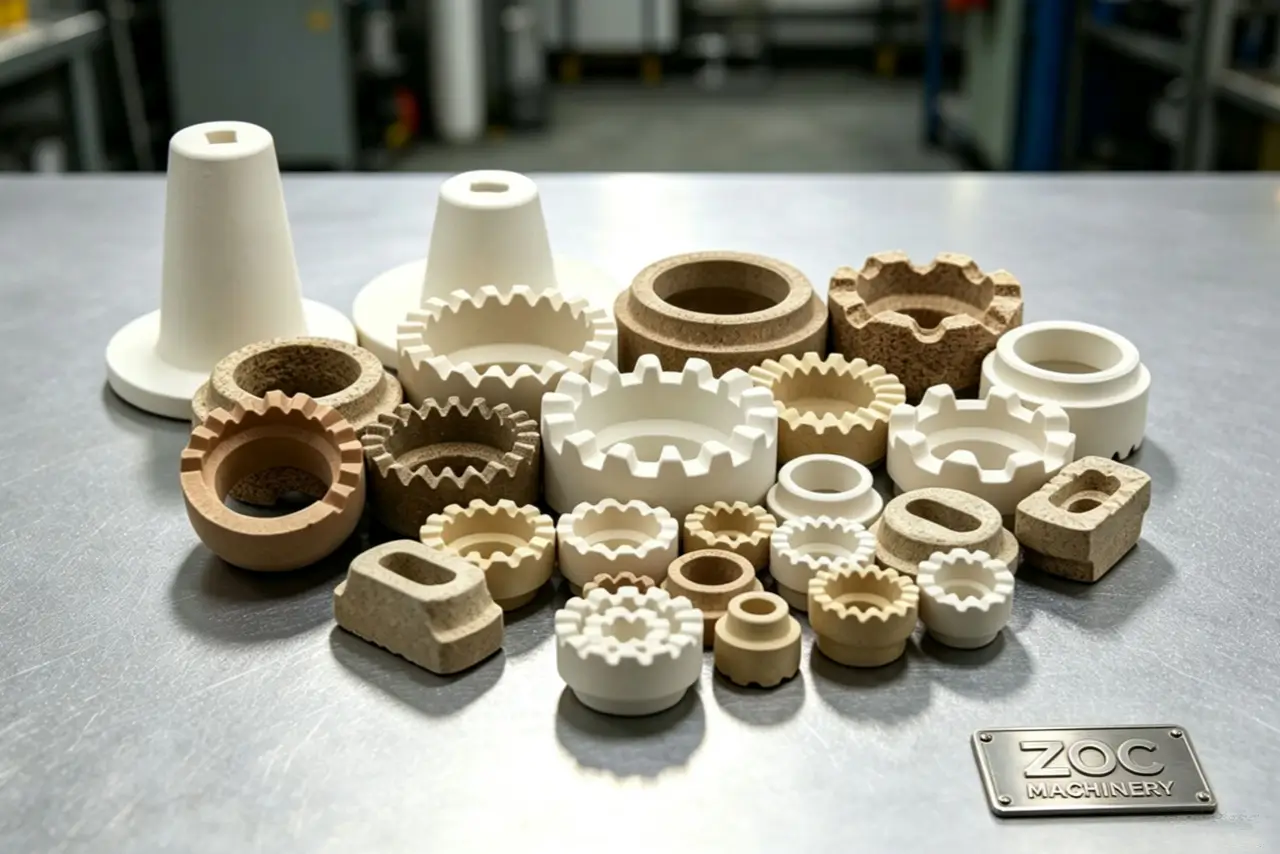 Various types of ceramic ferrules for stud welding displayed on a workbench