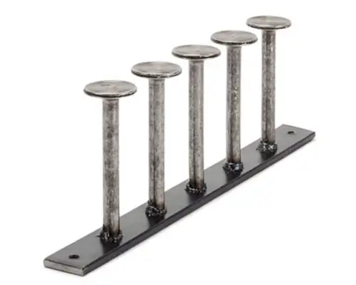 Row of custom shear studs shop-welded onto a steel base plate for embedded anchoring