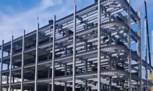 High-rise building steel structure with welding shear studs for composite floor slabs in city