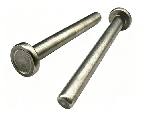 Pair of high-grade stainless steel shear studs showing head and aluminum flux tip detail