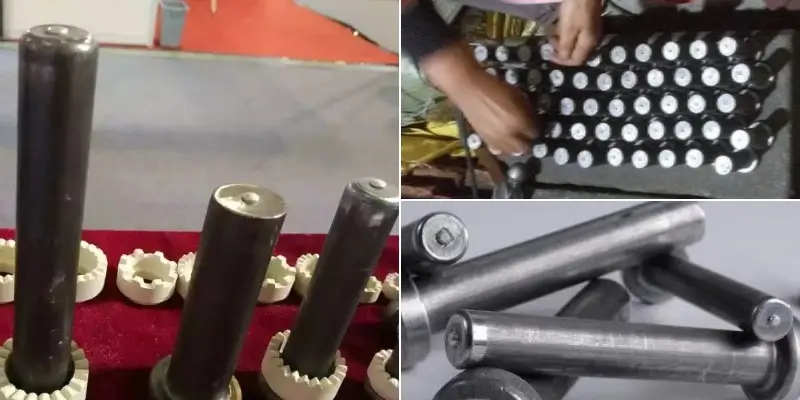 Worker manually placing aluminum flux balls on shear studs during traditional setup.