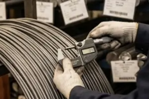 Quality inspector using a digital micrometer to measure steel wire rod raw material for weld studs manufacturing.