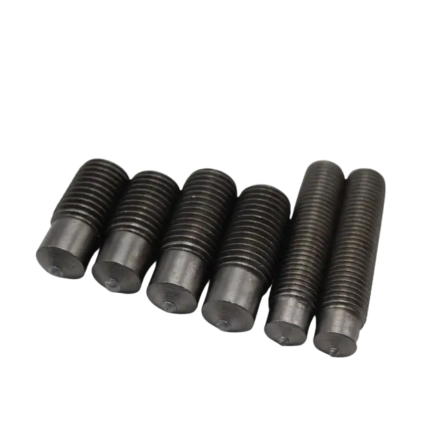 Six threaded drawn arc weld studs with ignition aluminum tips for industrial steel fastening